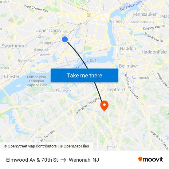Elmwood Av & 70th St to Wenonah, NJ map