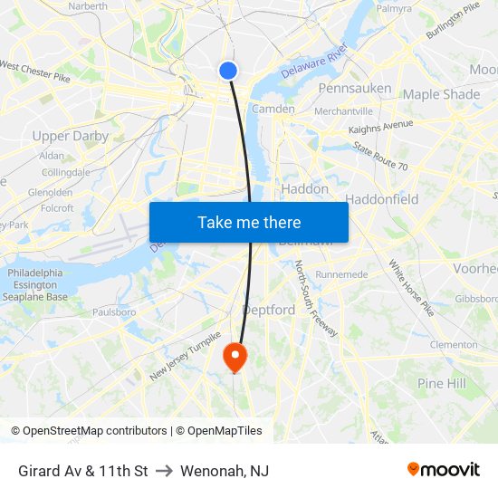 Girard Av & 11th St to Wenonah, NJ map
