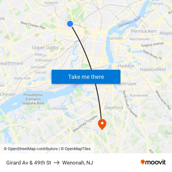 Girard Av & 49th St to Wenonah, NJ map