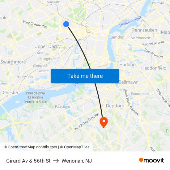 Girard Av & 56th St to Wenonah, NJ map