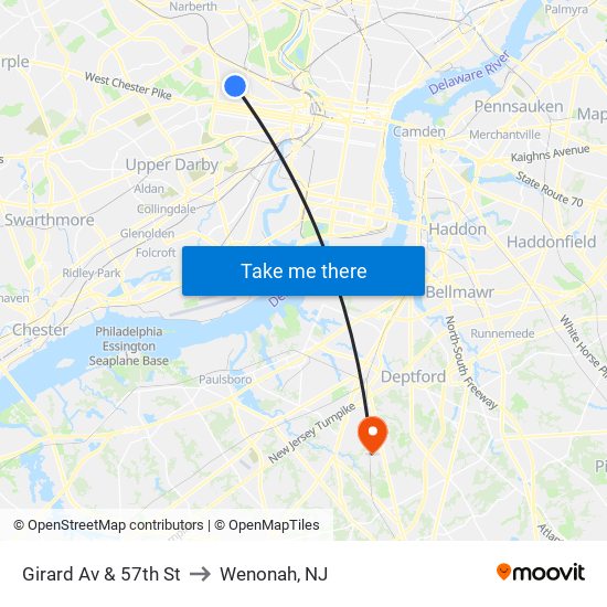 Girard Av & 57th St to Wenonah, NJ map