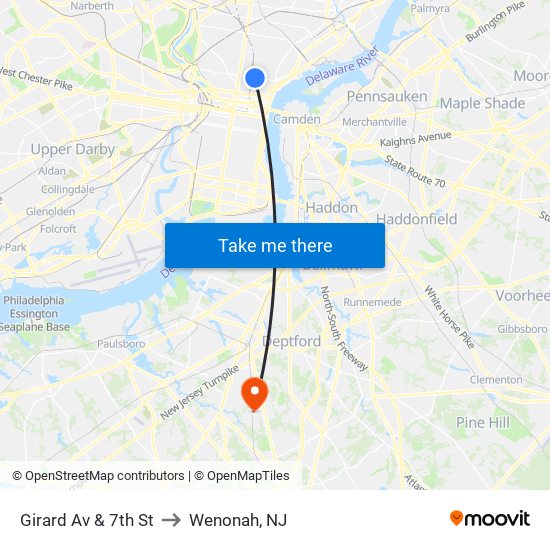 Girard Av & 7th St to Wenonah, NJ map