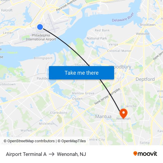 Airport Terminal A to Wenonah, NJ map