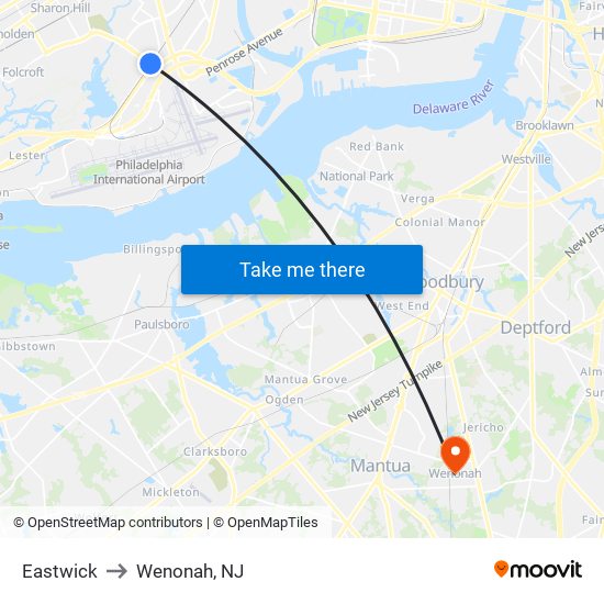 Eastwick to Wenonah, NJ map