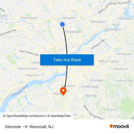 Glenside to Wenonah, NJ map
