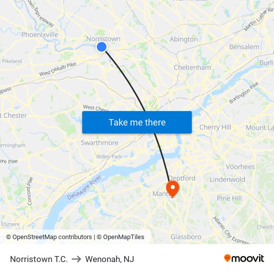 Norristown T.C. to Wenonah, NJ map