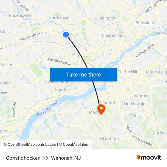 Conshohocken to Wenonah, NJ map