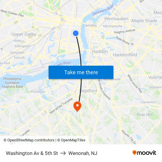 Washington Av & 5th St to Wenonah, NJ map