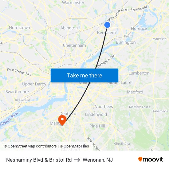Neshaminy Blvd & Bristol Rd to Wenonah, NJ map