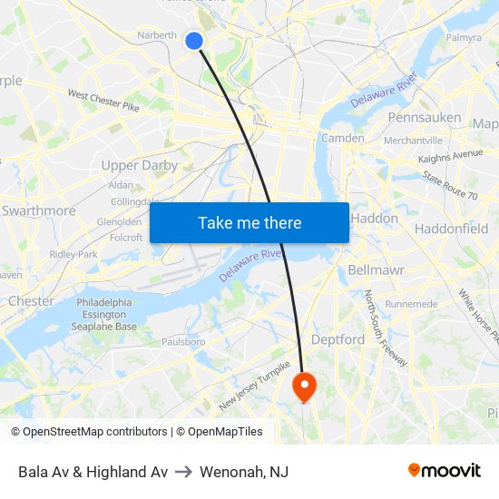 Bala Av & Highland Av to Wenonah, NJ map