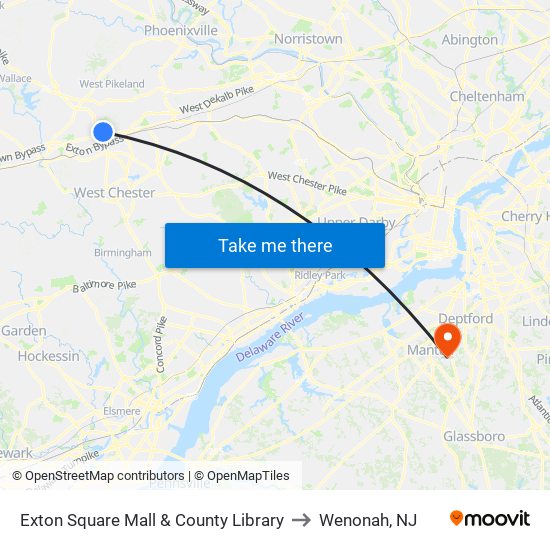 Exton Square Mall & County Library to Wenonah, NJ map