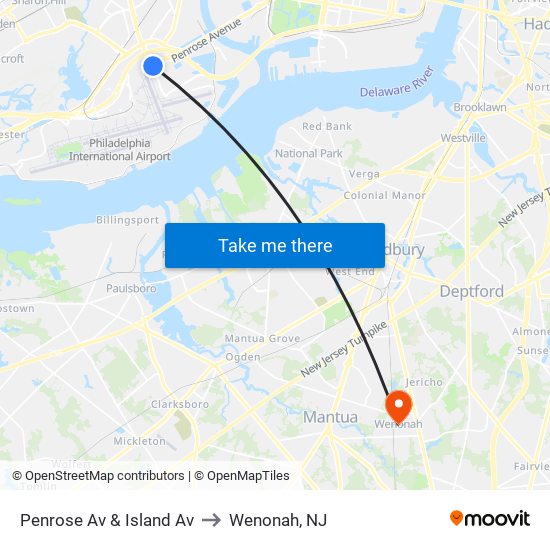 Penrose Av & Island Av to Wenonah, NJ map