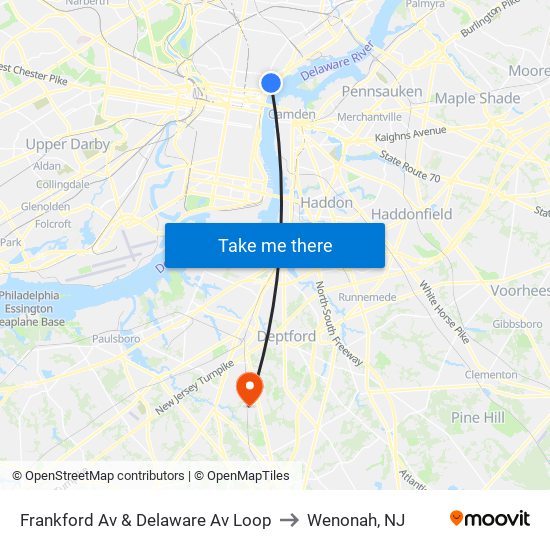 Frankford Av & Delaware Av Loop to Wenonah, NJ map