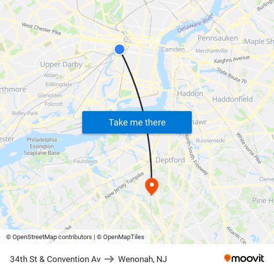 34th St & Convention Av to Wenonah, NJ map