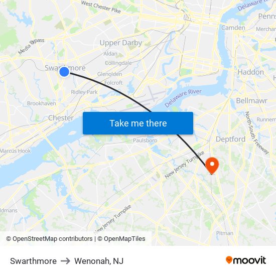 Swarthmore to Wenonah, NJ map