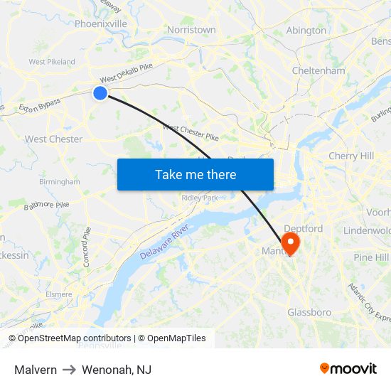 Malvern to Wenonah, NJ map