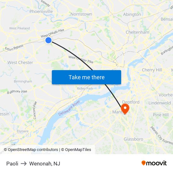 Paoli to Wenonah, NJ map