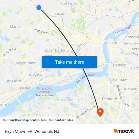 Bryn Mawr to Wenonah, NJ map