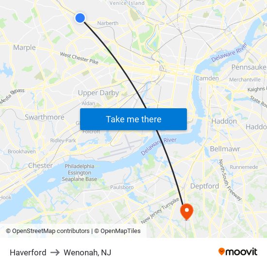 Haverford to Wenonah, NJ map