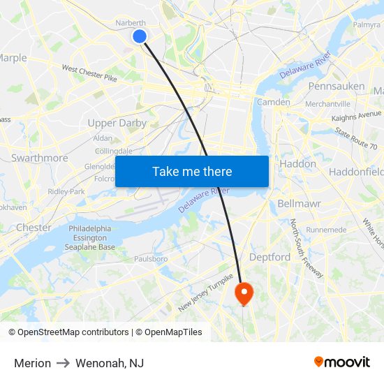 Merion to Wenonah, NJ map