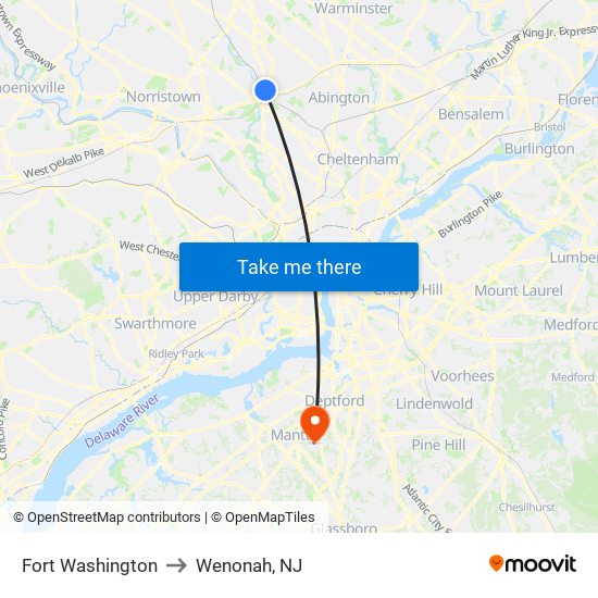 Fort Washington to Wenonah, NJ map