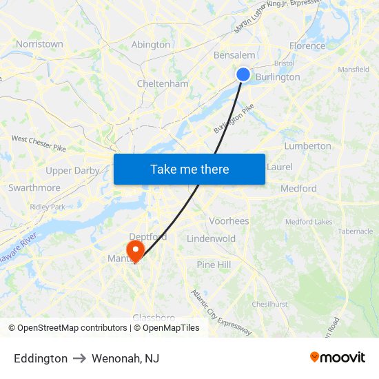 Eddington to Wenonah, NJ map