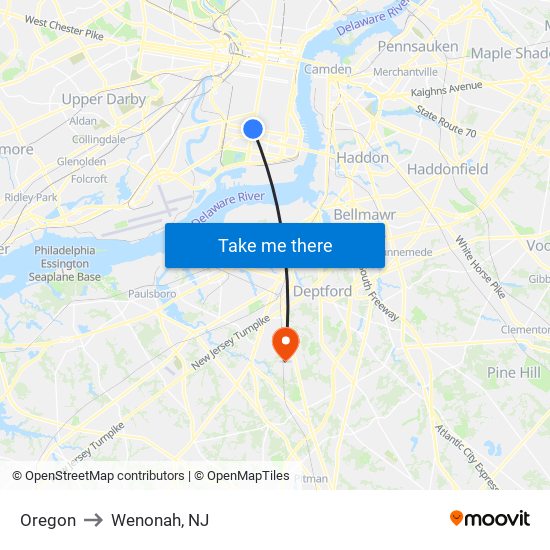 Oregon to Wenonah, NJ map