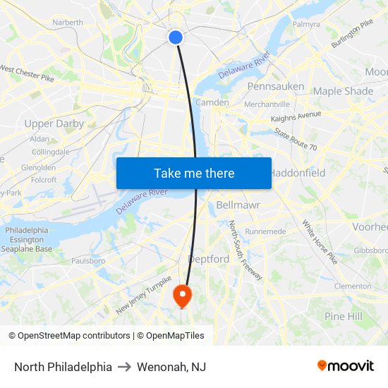 North Philadelphia to Wenonah, NJ map