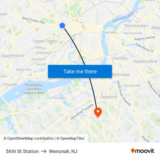 56th St Station to Wenonah, NJ map