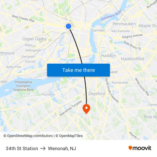 34th St Station to Wenonah, NJ map