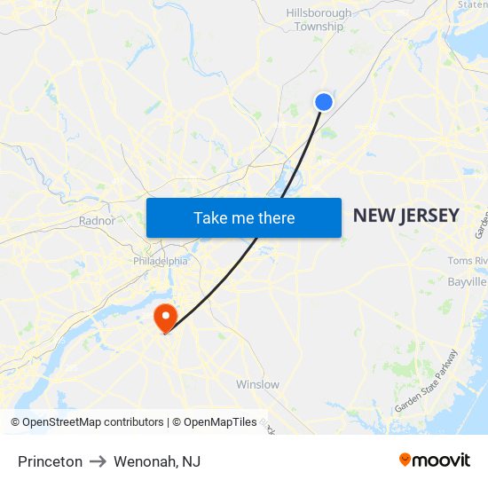 Princeton to Wenonah, NJ map