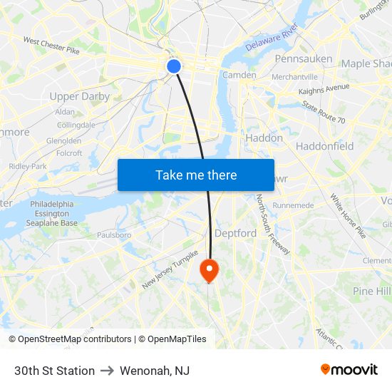 30th St Station to Wenonah, NJ map