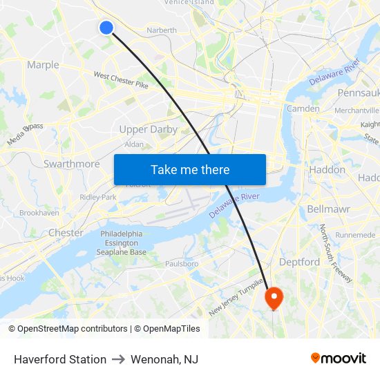 Haverford Station to Wenonah, NJ map