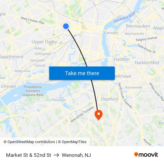 Market St & 52nd St to Wenonah, NJ map