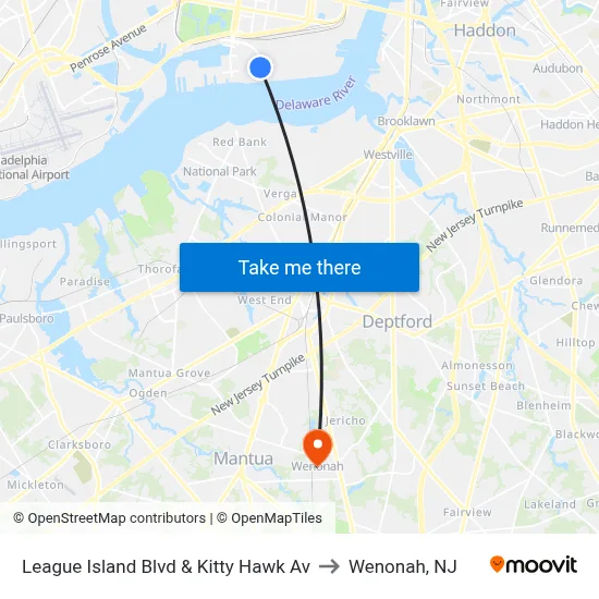 League Island Blvd & Kitty Hawk Av to Wenonah, NJ map