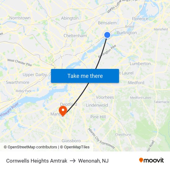 Cornwells Heights Amtrak to Wenonah, NJ map