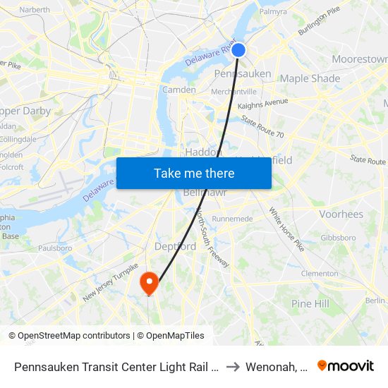 Pennsauken Transit Center Light Rail Sta to Wenonah, NJ map