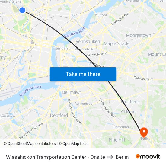 Wissahickon Transit Center to Berlin map