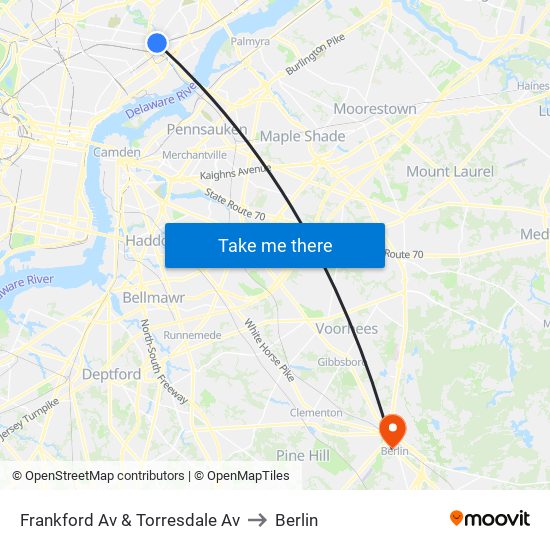 Frankford Av & Torresdale Av to Berlin map