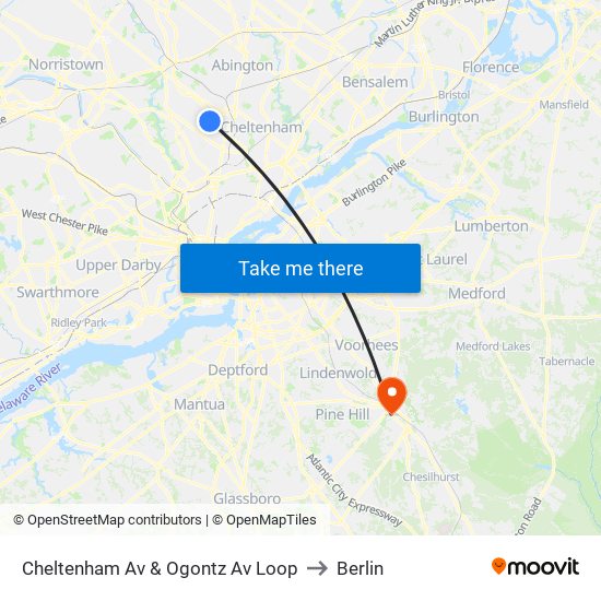 Cheltenham Av & Ogontz Av Loop to Berlin map