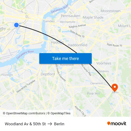 Woodland Av & 50th St to Berlin map