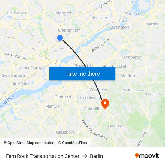 Fern Rock Transportation Center to Berlin map