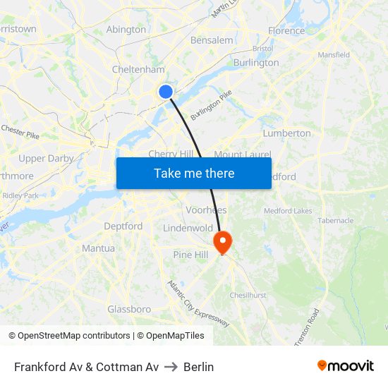 Frankford Av & Cottman Av to Berlin map