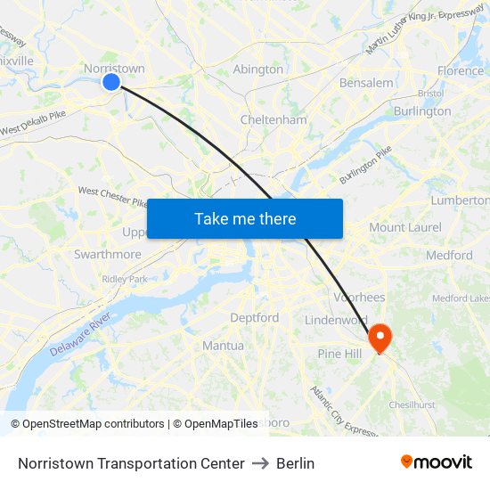 Norristown Transportation Center to Berlin map