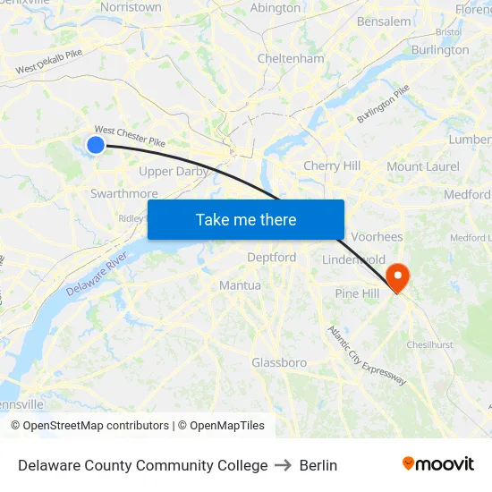 Delaware County Community College to Berlin map