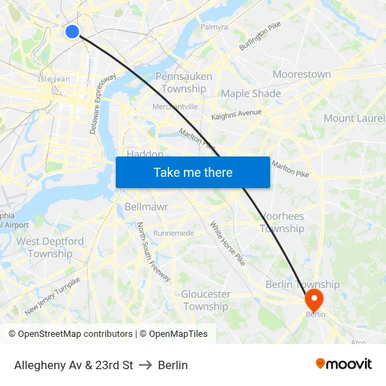 Allegheny Av & 23rd St to Berlin map