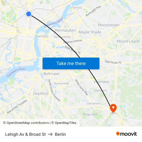 Lehigh Av & Broad St to Berlin map