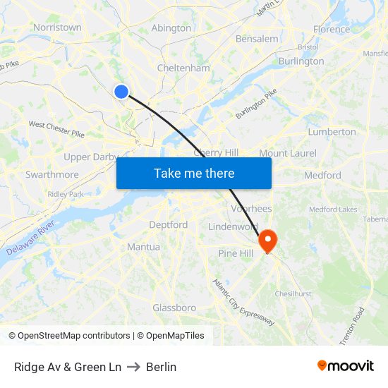Ridge Av & Green Ln to Berlin map