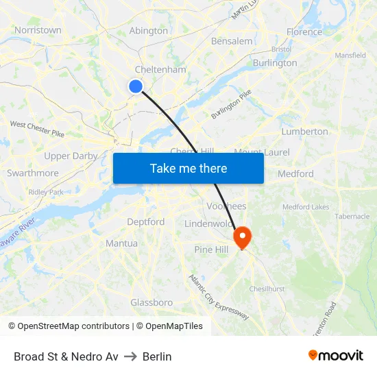 Broad St & Nedro Av to Berlin map
