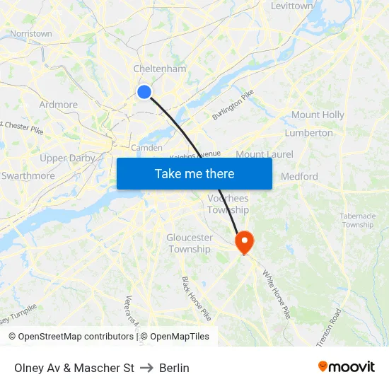 Olney Av & Mascher St to Berlin map